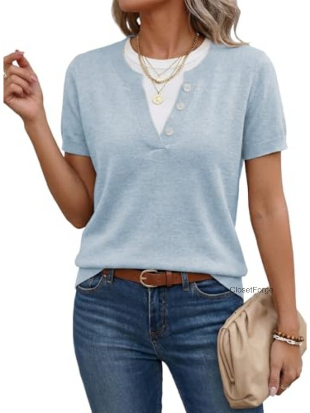 Women's Lightweight Short Sleeve Sweater Wool Blend Business Casual Knit Top